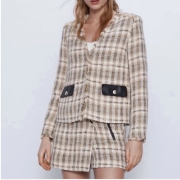 Zara Frayed Collarless V Neck Tweed Plaid Blazer - Picture 1 of 8